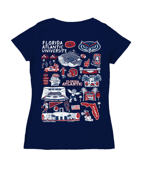 Florida Atlantic Owls Hand Sketched Vive La Fete Impressions Artwork Navy Women Cotton Short Sleeve V-Neck Tshirt