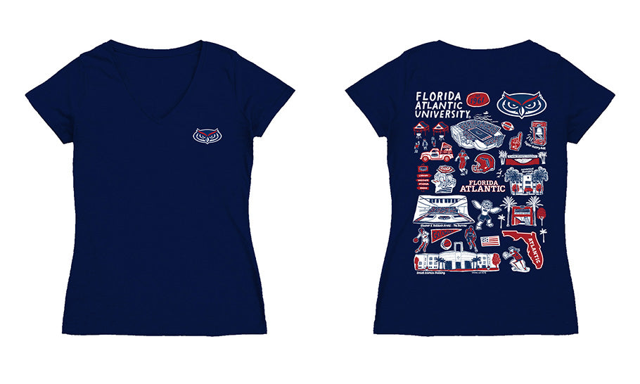Florida Atlantic Owls Hand Sketched Vive La Fete Impressions Artwork Navy Women Cotton Short Sleeve V-Neck Tshirt