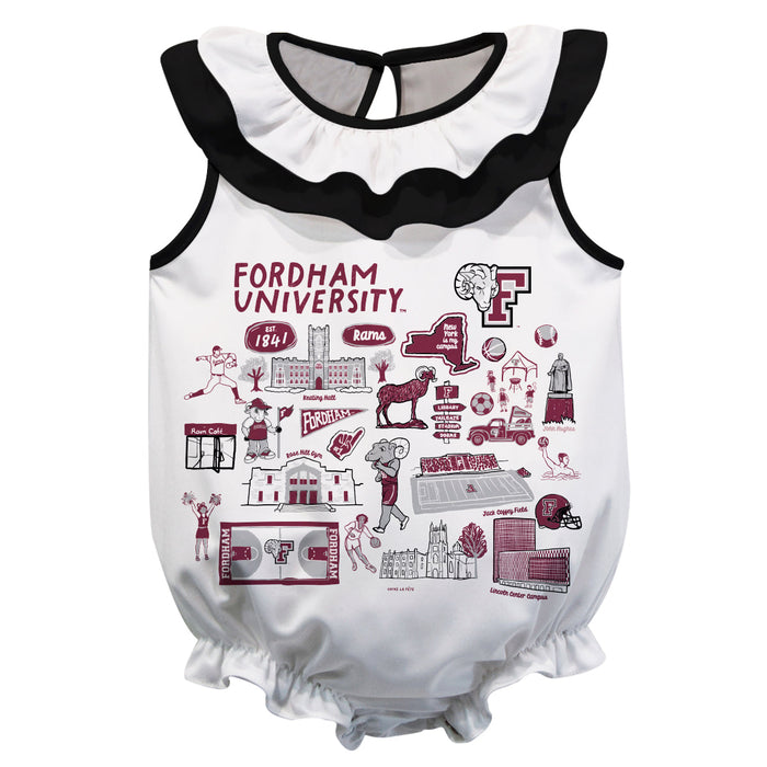 Fordham Rams  White Hand Sketched Vive La Fete Impressions Artwork Sleeveless Ruffle Onesie Bodysuit