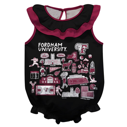 Fordham Rams  Black Hand Sketched Vive La Fete Impressions Artwork Sleeveless Ruffle Onesie Bodysuit