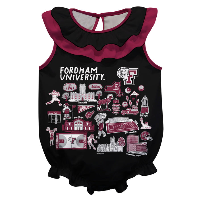 Fordham Rams  Black Hand Sketched Vive La Fete Impressions Artwork Sleeveless Ruffle Onesie Bodysuit