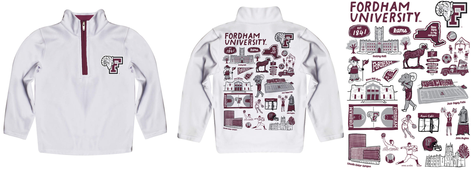 Fordham Rams Hand Sketched Vive La Fete Impressions Artwork  White Boys Quarter Zip Pullover V1 - Vive La Fête - Online Apparel Store