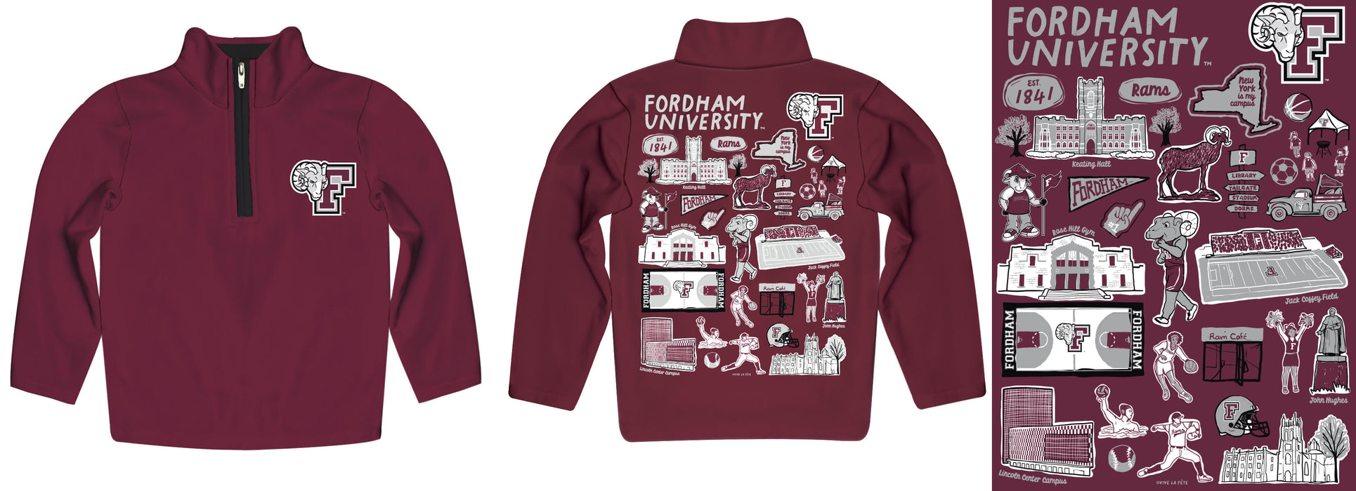 Fordham Rams Hand Sketched Vive La Fete Impressions Artwork  Maroon Boys Quarter Zip Pullover V1 - Vive La Fête - Online Apparel Store
