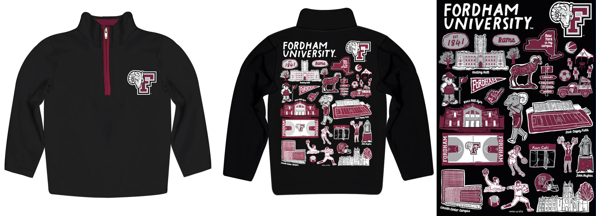 Fordham Rams Hand Sketched Vive La Fete Impressions Artwork  Black Boys Quarter Zip Pullover V1 - Vive La Fête - Online Apparel Store