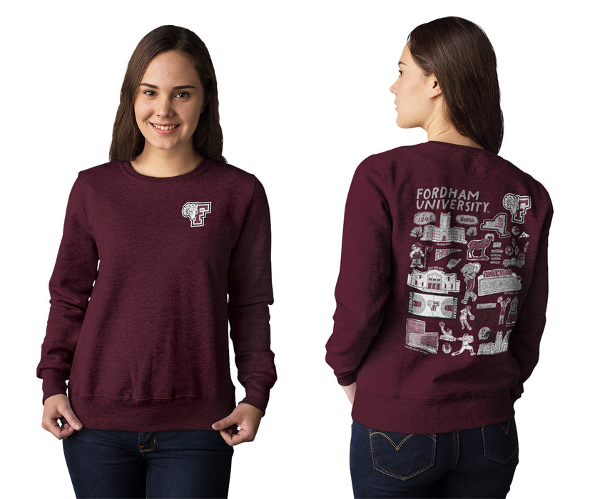Fordham Rams Hand Sketched Artwork Maroon Crewneck Sweatshirt for Women - Vive La Fête - Online Apparel Store