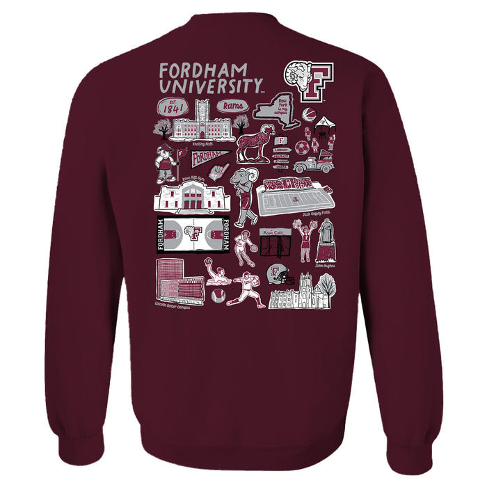 Fordham Rams Hand Sketched Artwork Maroon Crewneck Sweatshirt for Women - Vive La Fête - Online Apparel Store