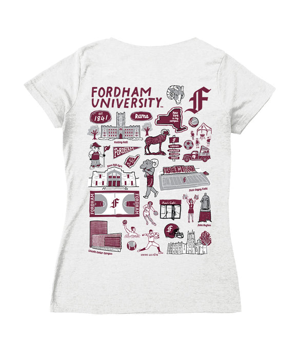 Fordham Rams Hand Sketched Vive La Fete Impressions Artwork Maroon Women Cotton Short Sleeve V-Neck Tshirt