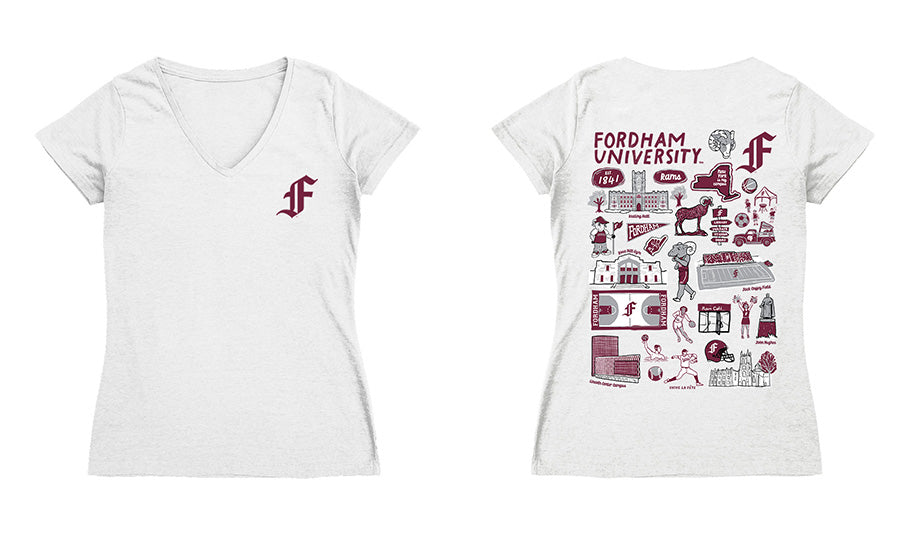 Fordham Rams Hand Sketched Vive La Fete Impressions Artwork Maroon Women Cotton Short Sleeve V-Neck Tshirt