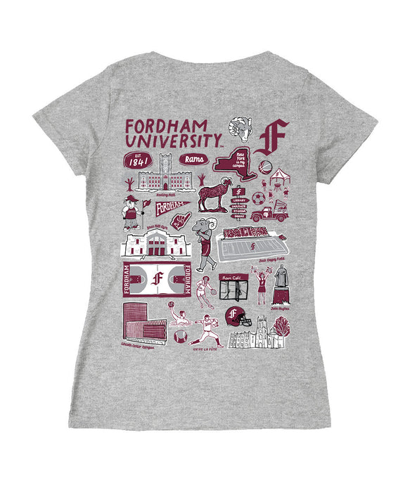 Fordham Rams Hand Sketched Vive La Fete Impressions Artwork Maroon Women Cotton Short Sleeve V-Neck Tshirt