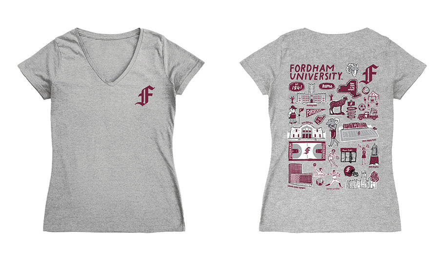 Fordham Rams Hand Sketched Vive La Fete Impressions Artwork Maroon Women Cotton Short Sleeve V-Neck Tshirt