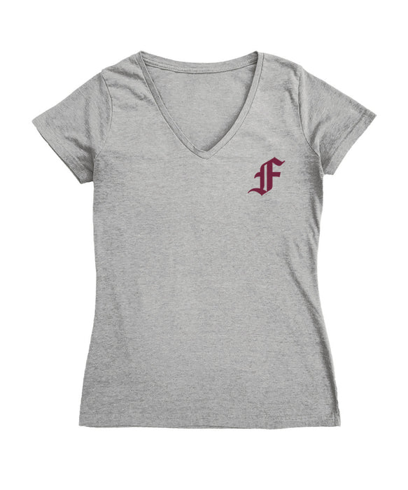 Fordham Rams Hand Sketched Vive La Fete Impressions Artwork Grey Women Cotton Short Sleeve V-Neck Tshirt