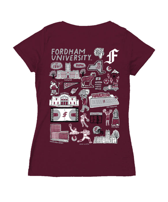 Fordham Rams Hand Sketched Vive La Fete Impressions Artwork Maroon Women Cotton Short Sleeve V-Neck Tshirt