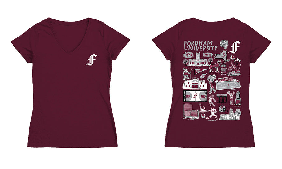 Fordham Rams Hand Sketched Vive La Fete Impressions Artwork Maroon Women Cotton Short Sleeve V-Neck Tshirt