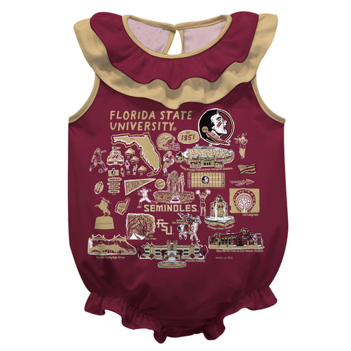Florida State Seminoles  Garnet Hand Sketched Vive La Fete Impressions Artwork Sleeveless Ruffle Onesie Bodysuit