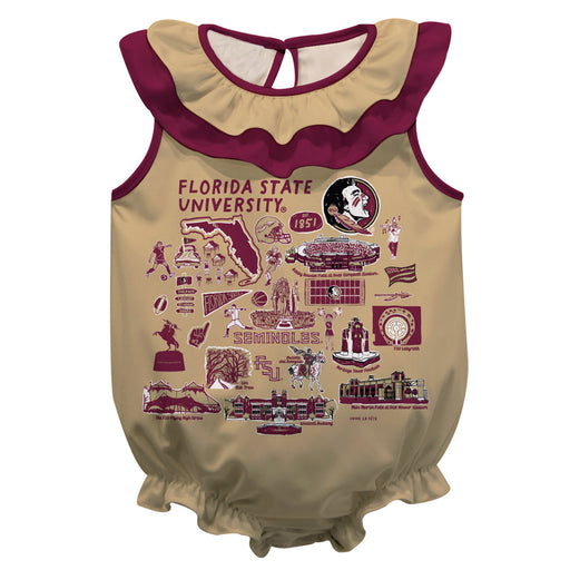 Florida State Seminoles  Gold Hand Sketched Vive La Fete Impressions Artwork Sleeveless Ruffle Onesie Bodysuit