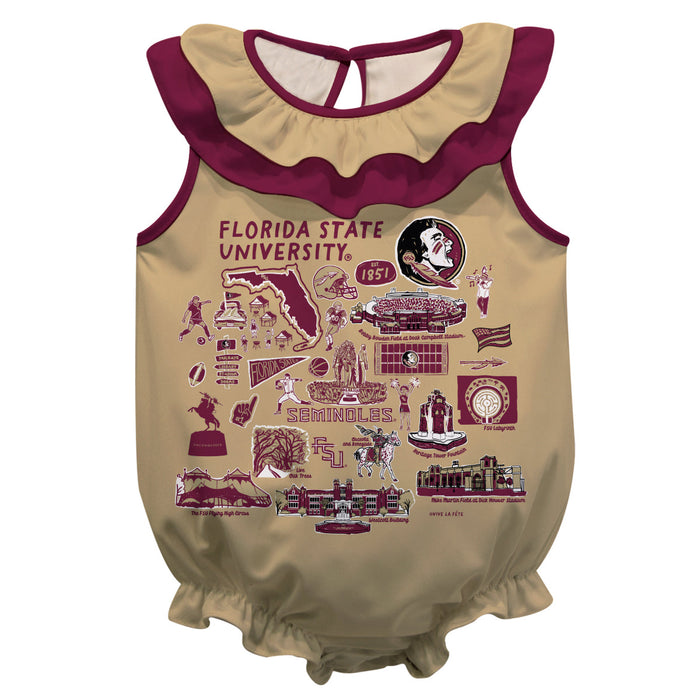Florida State Seminoles  Gold Hand Sketched Vive La Fete Impressions Artwork Sleeveless Ruffle Onesie Bodysuit