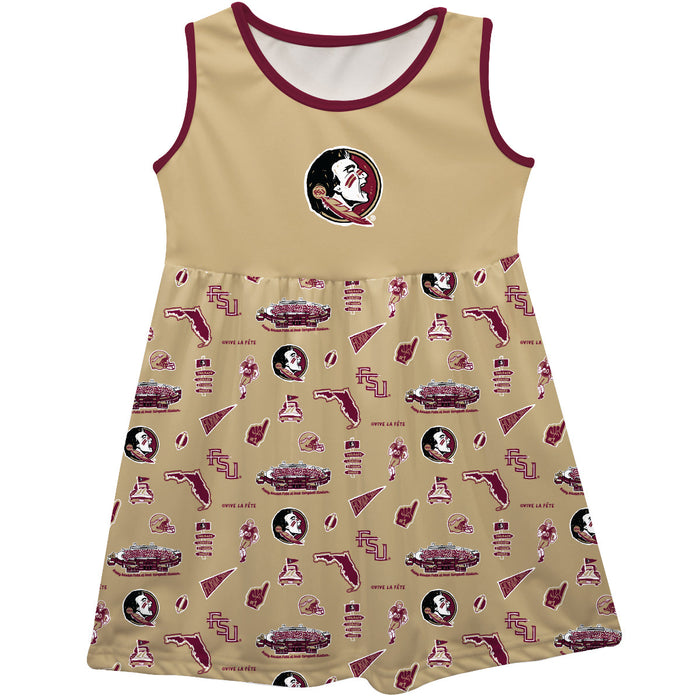 Florida State Seminoles Sleeveless Tank Dress Girls Gold Repeat Print Hand Sketched Vive La Fete Impressions