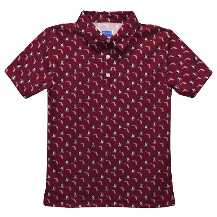 Florida State Seminoles Vive La Fete All Over Logo Maroon Short Sleeve Polo Shirt