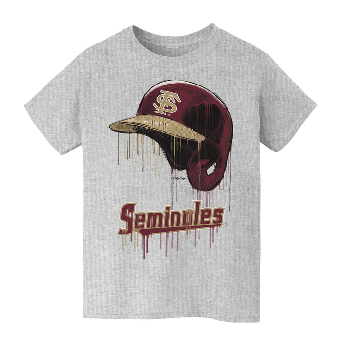 Florida State Seminoles Original Dripping Baseball Helmet Grey Cotton T-Shirt  by Vive La Fete