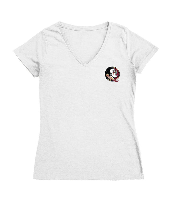 Florida State Seminoles Hand Sketched Vive La Fete Impressions Artwork White Women Cotton Short Sleeve V-Neck Tshirt