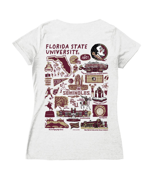 Florida State Seminoles Hand Sketched Vive La Fete Impressions Artwork Maroon Women Cotton Short Sleeve V-Neck Tshirt