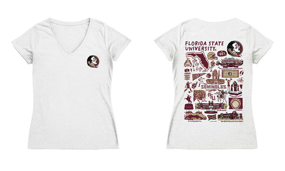 Florida State Seminoles Hand Sketched Vive La Fete Impressions Artwork Maroon Women Cotton Short Sleeve V-Neck Tshirt