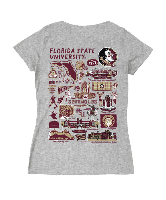 Florida State Seminoles Hand Sketched Vive La Fete Impressions Artwork Maroon Women Cotton Short Sleeve V-Neck Tshirt