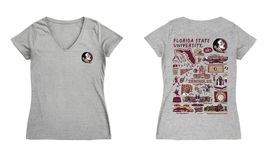 Florida State Seminoles Hand Sketched Vive La Fete Impressions Artwork Maroon Women Cotton Short Sleeve V-Neck Tshirt
