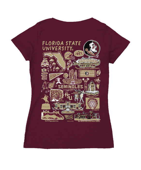 Florida State Seminoles Hand Sketched Vive La Fete Impressions Artwork Maroon Women Cotton Short Sleeve V-Neck Tshirt