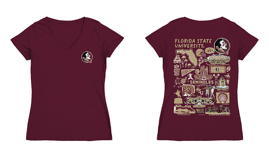 Florida State Seminoles Hand Sketched Vive La Fete Impressions Artwork Maroon Women Cotton Short Sleeve V-Neck Tshirt