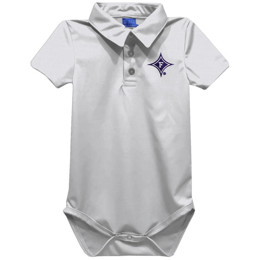 Furman Paladins Embroidered White Solid Knit Boys Polo Bodysuit