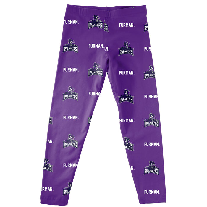 Furman Paladins Vive La Fete Girls Game Day All Over Two Logos Elastic Waist Classic Play Purple Leggings Tights
