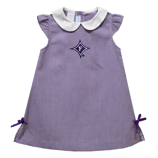 Furman Paladins Embroidered Purple Gingham A Line Dress