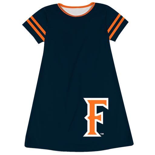 Cal State Fullerton Titans CSUF Vive La Fete Girls Game Day Short Sleeve Navy A-Line Dress with large Logo