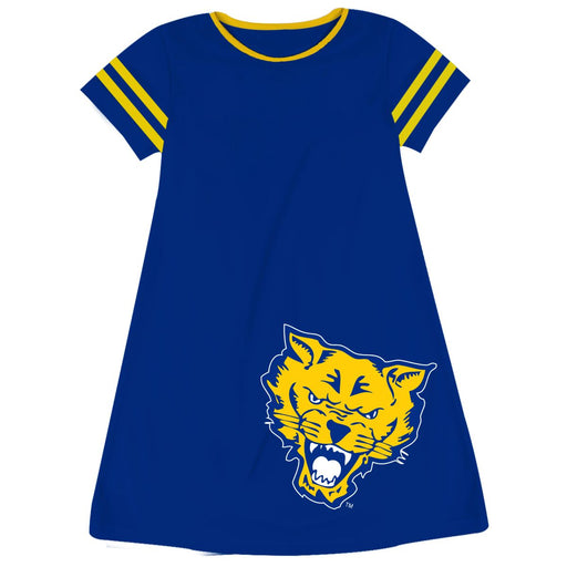 Fort Valley State Wildcats FVSU Vive La Fete Girls Game Day Short Sleeve Blue A-Line Dress with large Logo