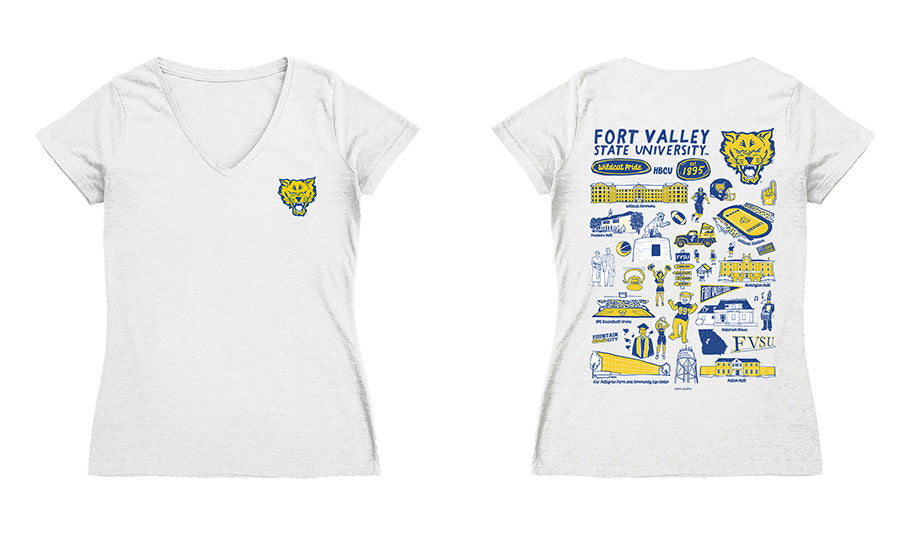 Fort Valley State Wildcats Hand Sketched Vive La Fete Impressions Artwork Royal Women Cotton Short Sleeve V-Neck Tshirt