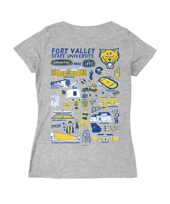 Fort Valley State Wildcats Hand Sketched Vive La Fete Impressions Artwork Royal Women Cotton Short Sleeve V-Neck Tshirt