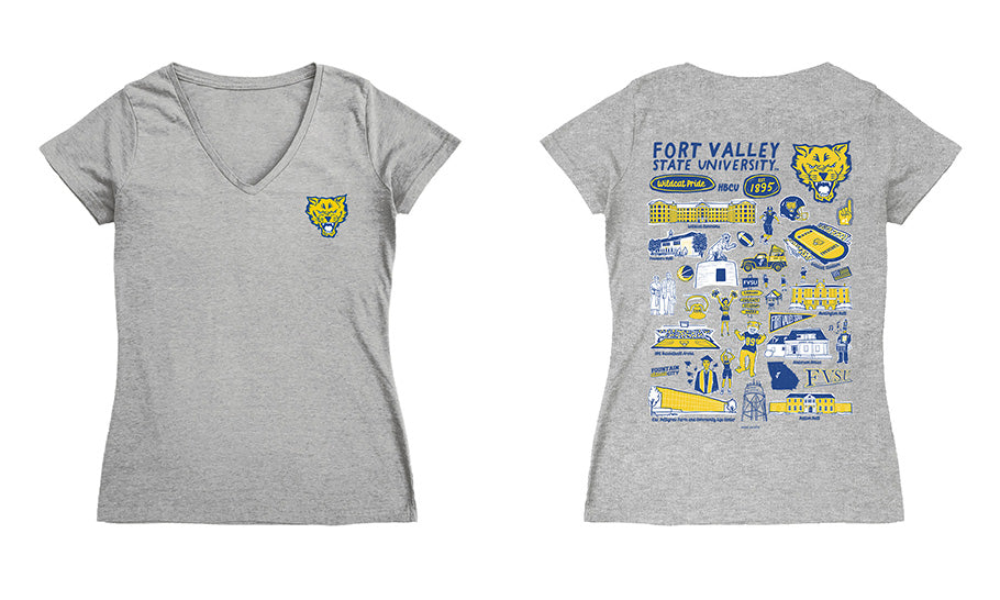 Fort Valley State Wildcats Hand Sketched Vive La Fete Impressions Artwork Royal Women Cotton Short Sleeve V-Neck Tshirt