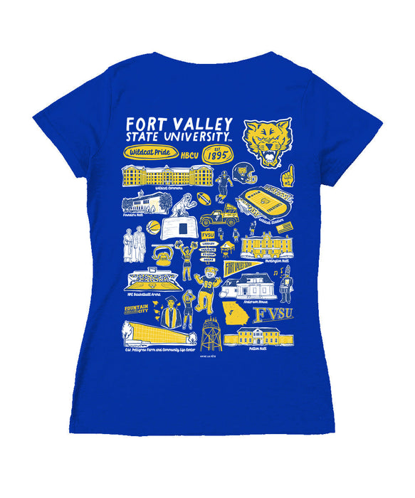 Fort Valley State Wildcats Hand Sketched Vive La Fete Impressions Artwork Royal Women Cotton Short Sleeve V-Neck Tshirt
