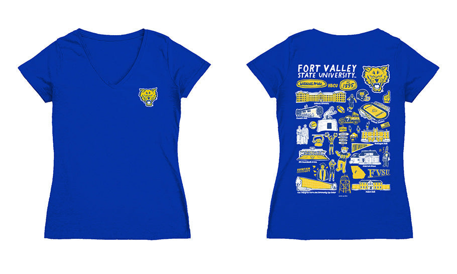 Fort Valley State Wildcats Hand Sketched Vive La Fete Impressions Artwork Royal Women Cotton Short Sleeve V-Neck Tshirt