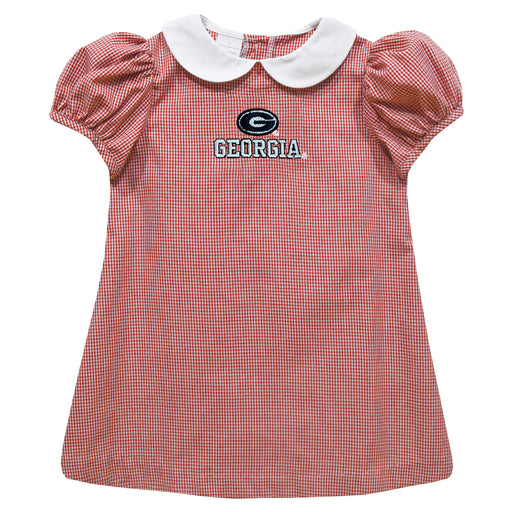 Georgia Bulldogs Embroidered Cardinal Red Gingham Short Sleeve A Line Dress
