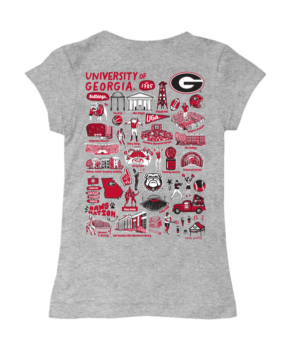 Georgia Bulldogs Hand Sketched Vive La Fete Impressions Artwork Grey Girls Cotton Short Sleeve Tee