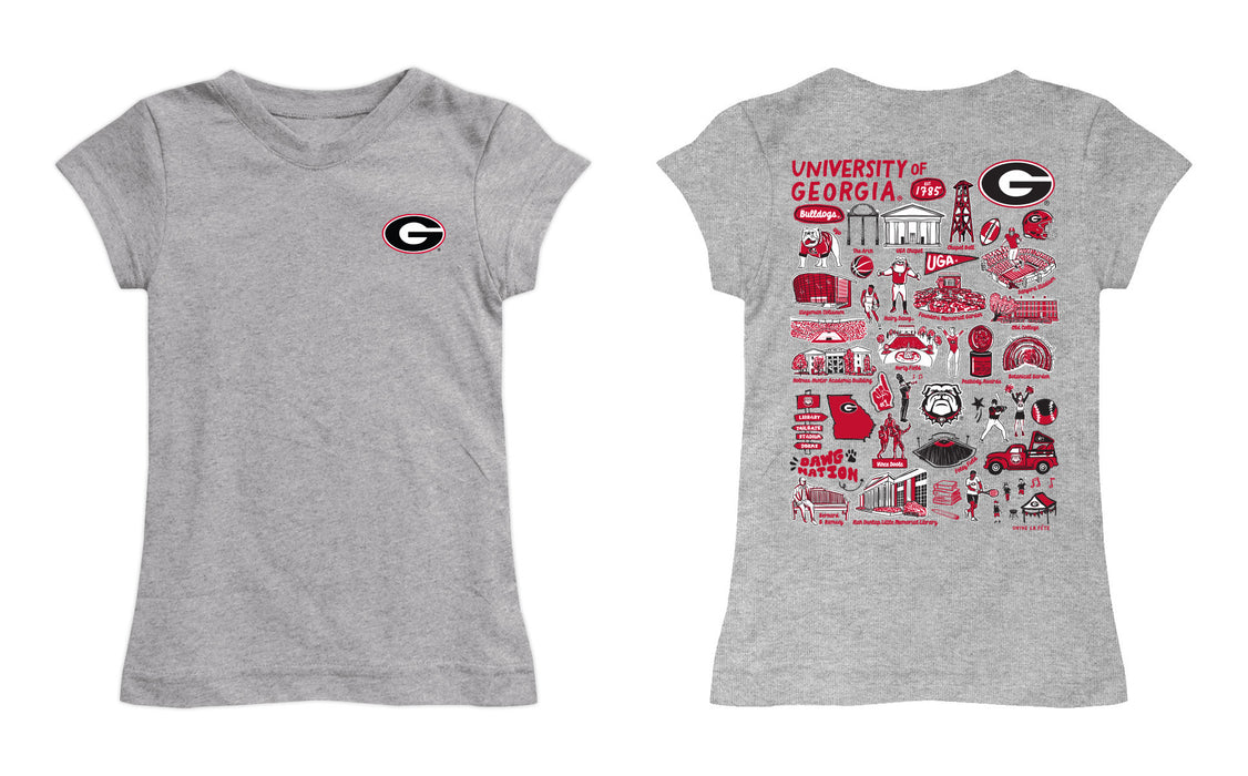 Georgia Bulldogs Hand Sketched Vive La Fete Impressions Artwork Grey Girls Cotton Short Sleeve Tee