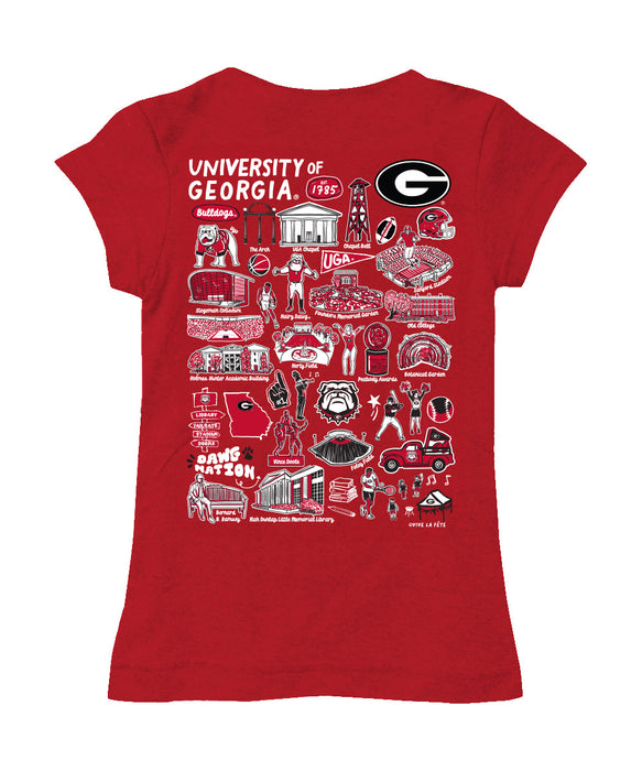 Georgia Bulldogs Hand Sketched Vive La Fete Impressions Artwork RedGirls Cotton Short Sleeve Tee