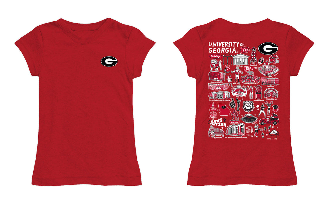 Georgia Bulldogs Hand Sketched Vive La Fete Impressions Artwork RedGirls Cotton Short Sleeve Tee