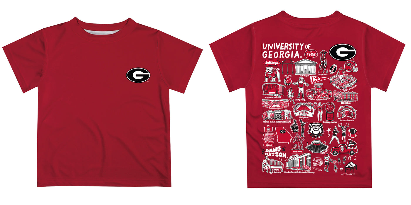 Georgia Bulldogs Hand Sketched Vive La Fete Impressions Artwork Boys Red Short Sleeve Tee Shirt