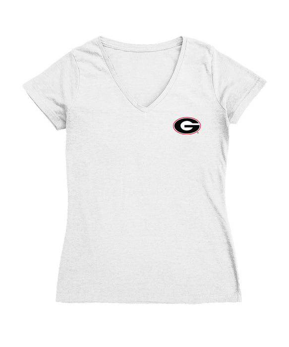 Georgia Bulldogs Hand Sketched Vive La Fete Impressions Artwork White Women Cotton Short Sleeve V-Neck Tshirt