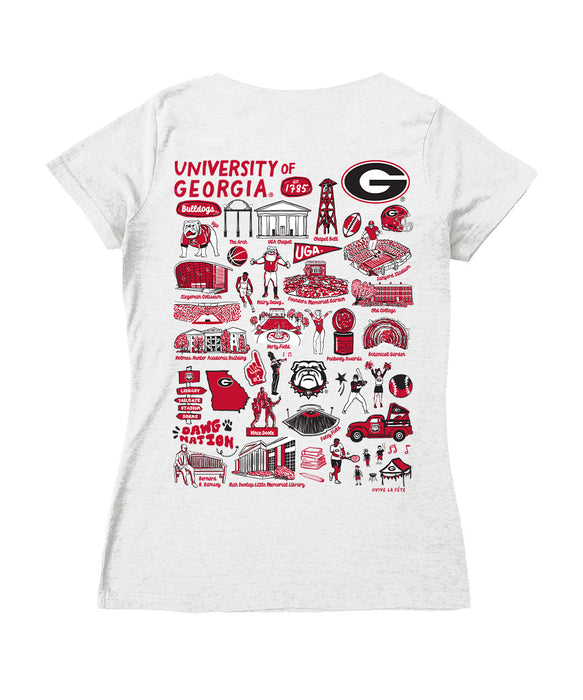 Georgia Bulldogs Hand Sketched Vive La Fete Impressions Artwork White Women Cotton Short Sleeve V-Neck Tshirt