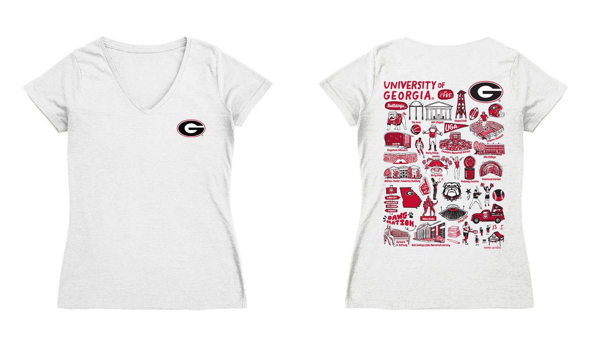 Georgia Bulldogs Hand Sketched Vive La Fete Impressions Artwork White Women Cotton Short Sleeve V-Neck Tshirt
