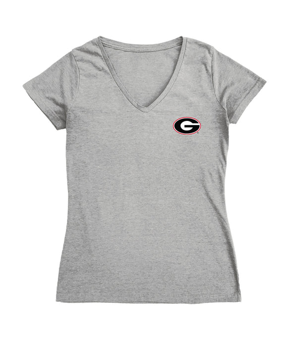 Georgia Bulldogs Hand Sketched Vive La Fete Impressions Artwork Grey Women Cotton Short Sleeve V-Neck Tshirt